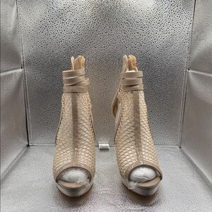 Chic Beige Peep-Toe Patent Leather Mesh Heels